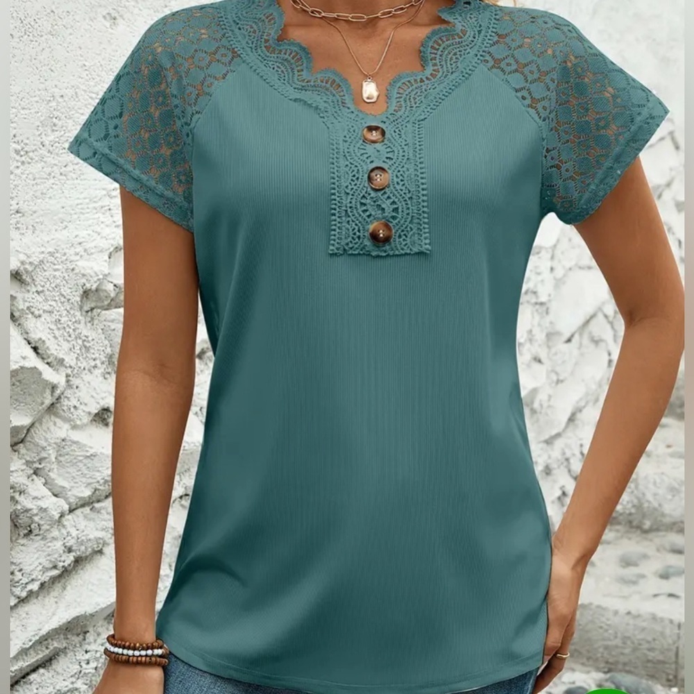 Lace Trim Ribbed V Neck Top Blouse Plus Size 3XL